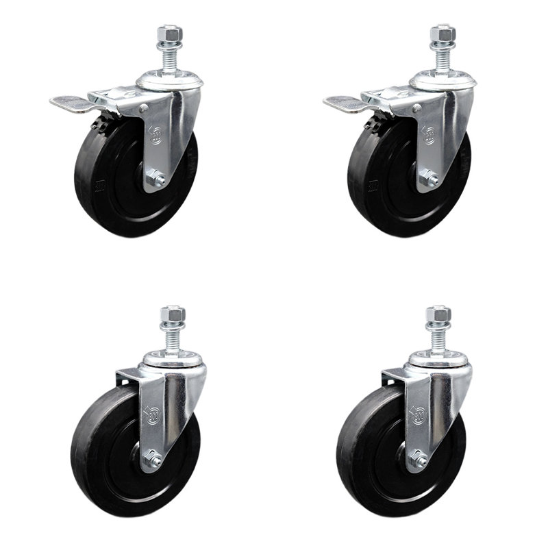 5 Inch SS Soft Rubber 12mm Threaded Stem Caster Set 2 Total Lock Brake SCC
