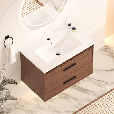 30" Wall Mounting Bathroom Vanity In Reddish Brown, Soft Close Drawer Design, Cabinet And Ceramic Sink For A Beautiful Brown With 2 - Drawers, Ensuring Elegance, Clean Hygienic