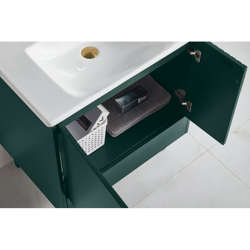 Saimah 30'' Single Bathroom Vanity with Ceramic Top, Satin Brass, Green