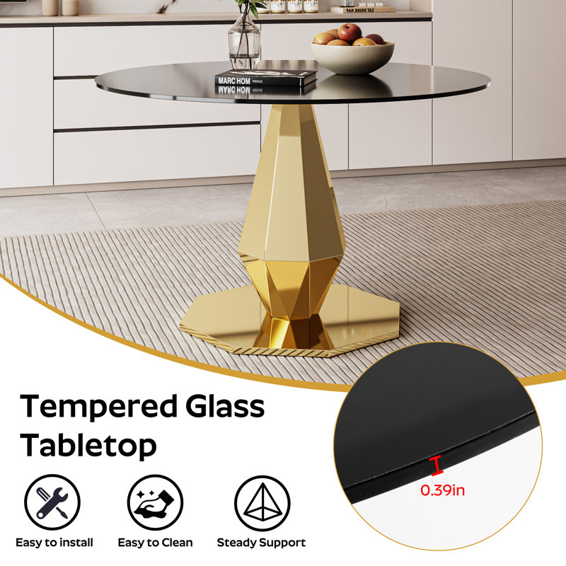 Round Pedestal Tempered Glass Dining Set, Black, 29.53"H x 47"L x 47"W, Gold