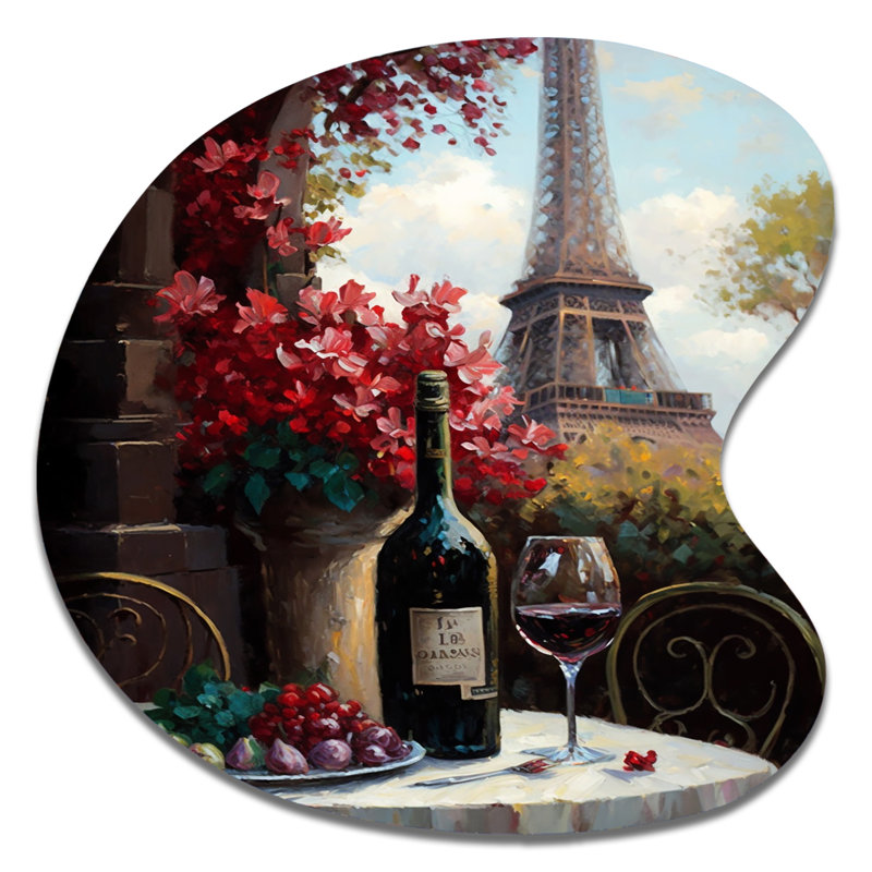 «Savouring Red Wine By The Paris Eiffel Tower II», art mural asymétrique en forme de paysage français, H 27 po x l 27 po
