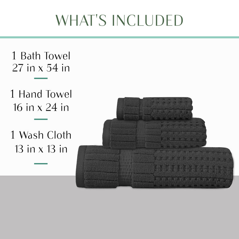 Willow 3 Pieces Towel Set – 100% Combed Cotton, Premium Quality 630 GSM, Dark Grey, Ultra-Soft & Highly Absorbent (1 Bath, 1 Hand, 1 Wash Towels set)