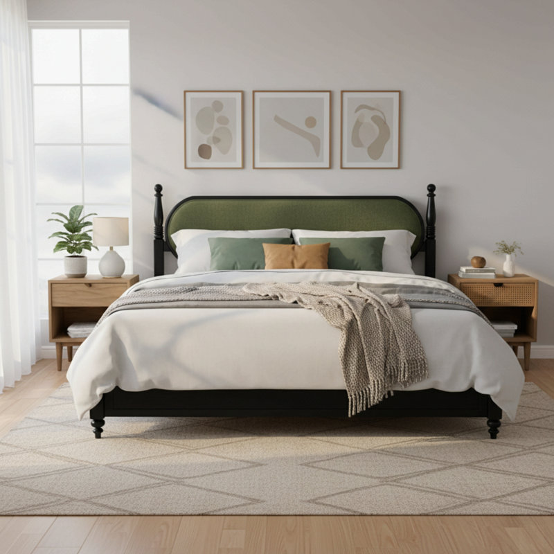 Très grand lit, plateforme en bois massif avec lattes, mobilier de chambre moderne,, Noir/vert