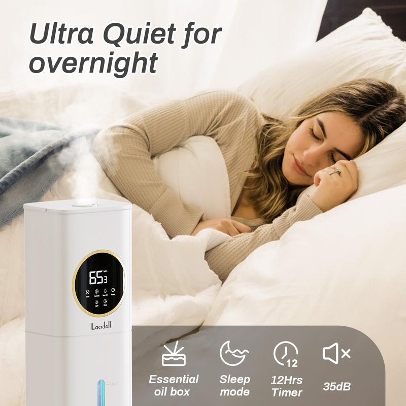 Humidificateur pour chambre à coucher avec diffuseur d'huiles essentielles, 2,1 gallons / 8 L, humidificateur à brume fraîche pour les plantes, bébé, adultes, bureau, blanc