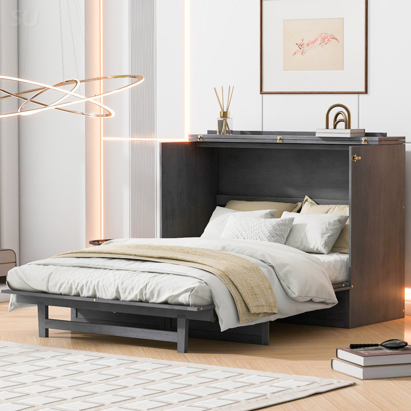 Lit escamotable double avec grands tiroirs et ports USB, Grey, Lit double