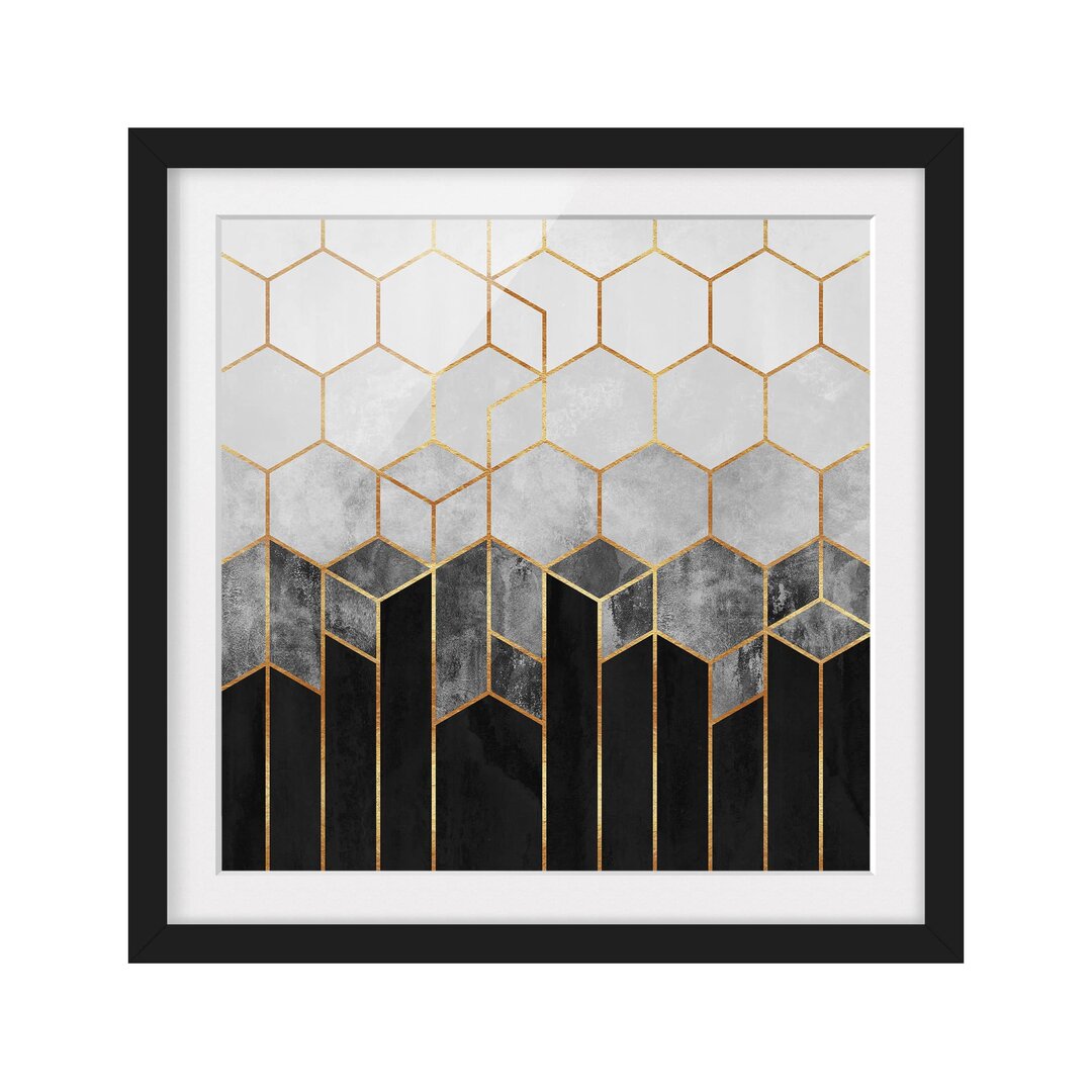 Gerahmtes Poster Golden Hexagons in Schwarzweiß