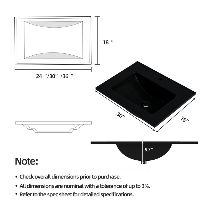 Ceramic Lavatory Sink, Black Or White In 24/30/36 Inch - Bathroom Vessel Basin Meets Us Standards, Faucet Not Included, Black