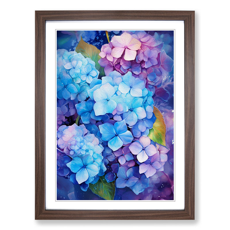Hydrangea Futurism - Single Picture Frame Print on Wood, 64cm H x 46cm W x 2cm D, Walnut Framed