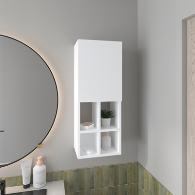 Wall-Mounted Bathroom Cabinet with Door and 4 Open Shelves, White Finish.