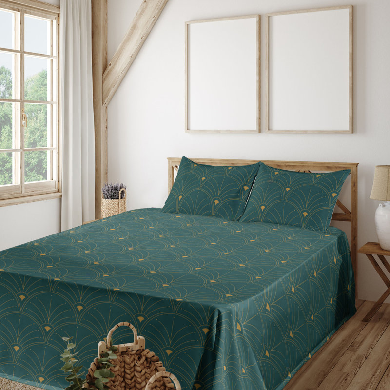 Microfiber Sheet Set, King Sheet Set with 2 Pillowcases, Teal/Sand Brown Geometric