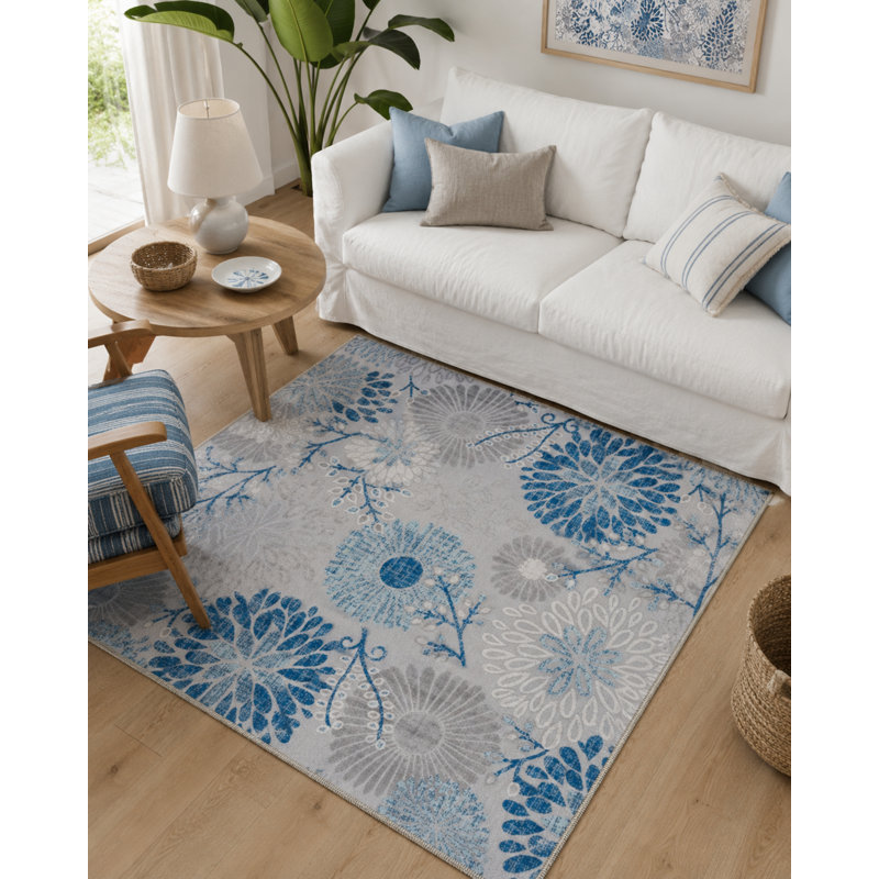 Tapis bleu lavé tissé coloré flocon de neige, Rectangle 4 pi x 6 pi