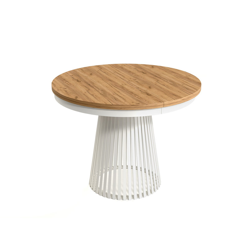 180 cm Extendable Round Dining Table with Steel Base, Oak Wood, White