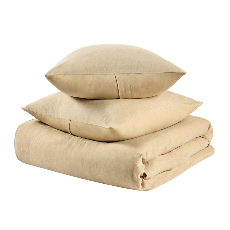 Paloma 3-Piece Hemp Fabric Ivory Queen Duvet Set, Yellow, King Duvet Cover + 2 King Shams