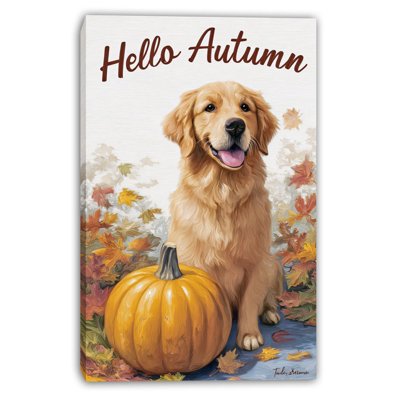 «Hello Autumn Golden Retriever», art mural sur toile tendue, H 16 po x l 12 po