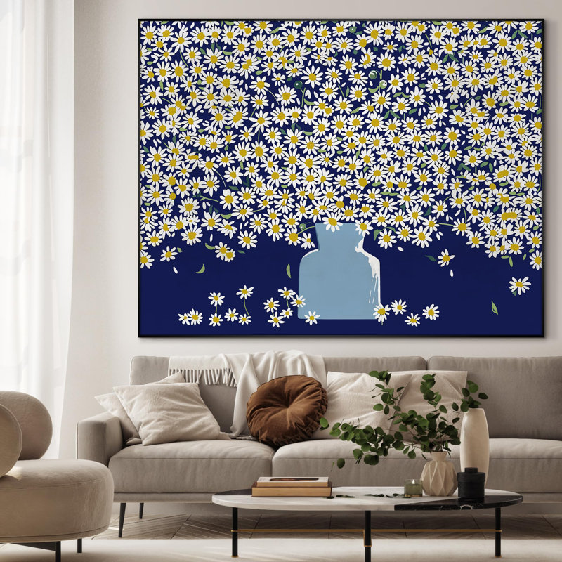 «Daisy Blossom Floral Explosion» sur fond bleu foncé, très grandes illustrations d'art encadrées (assemblage de cadre requis)