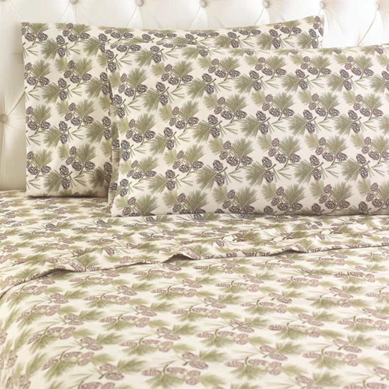 King Size Green Pinecones Cotton Polyester Flannel Sheet Set
