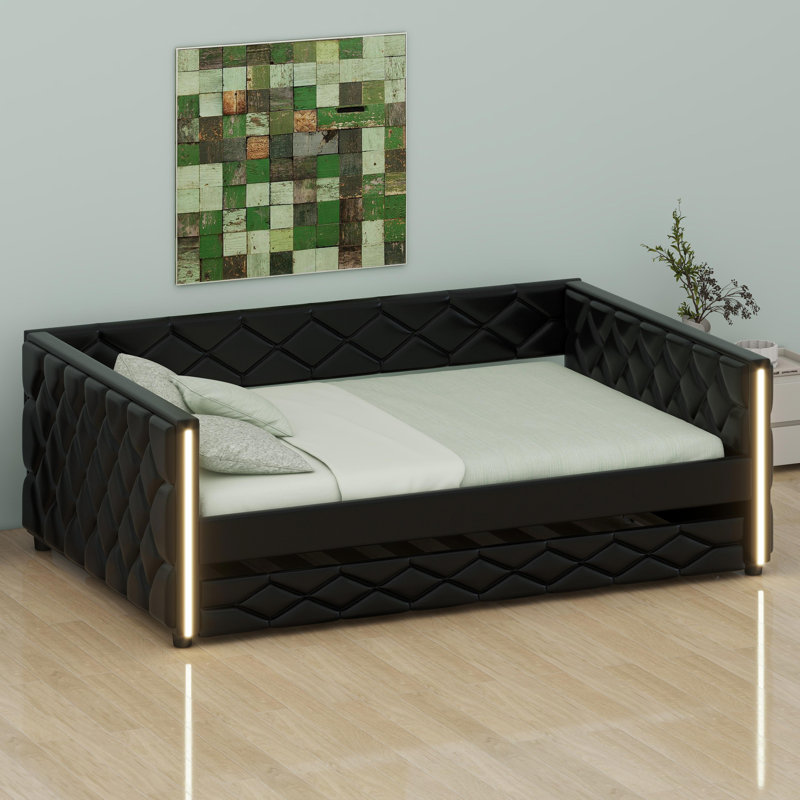 Modern Upholstered Daybed with Pull-Out Trundle and Integrated LED Lighting