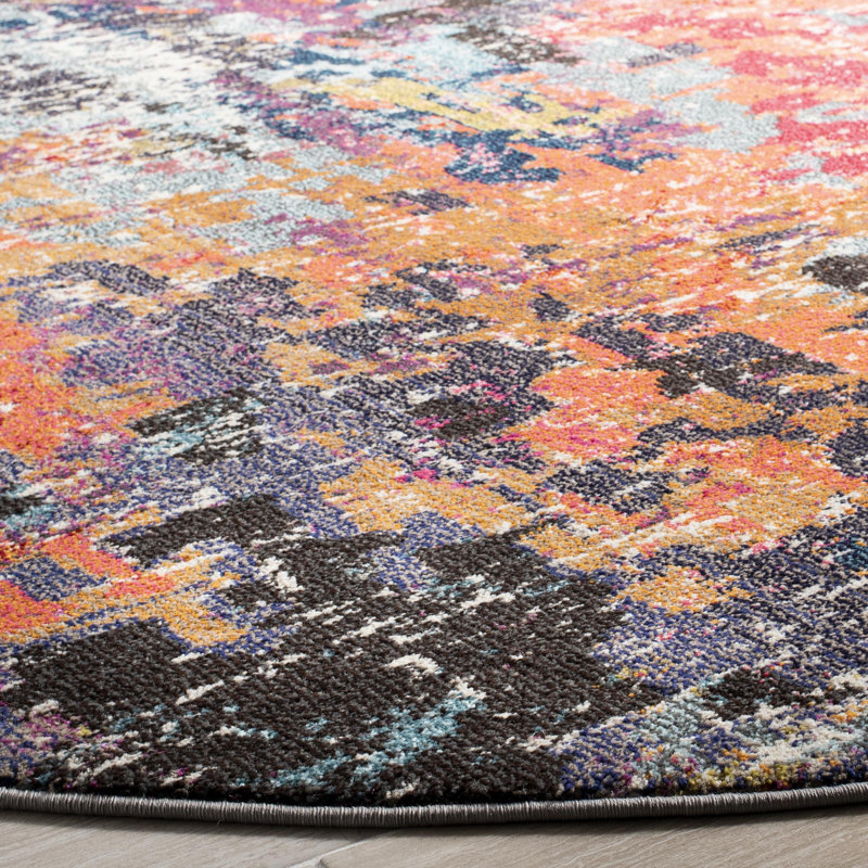 Tapis abstrait bleu / orange Hertzler, Rond 6 pi 7 po