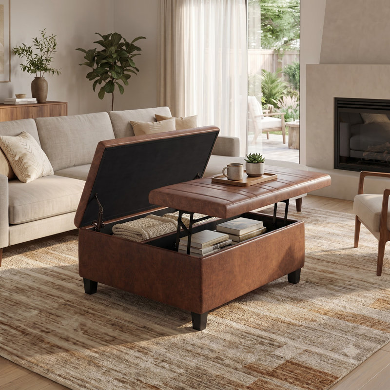 Repose-pieds de rangement pour table basse Ellis, Simili cuir brun délavé