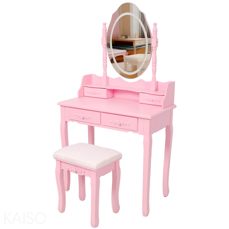 Ensemble de coiffeuse avec miroir et tabouret rembourré Pink Princess, Rose
