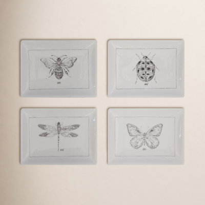 4‑Piece Ceramic Rectangular Plates with Insect Illustrations