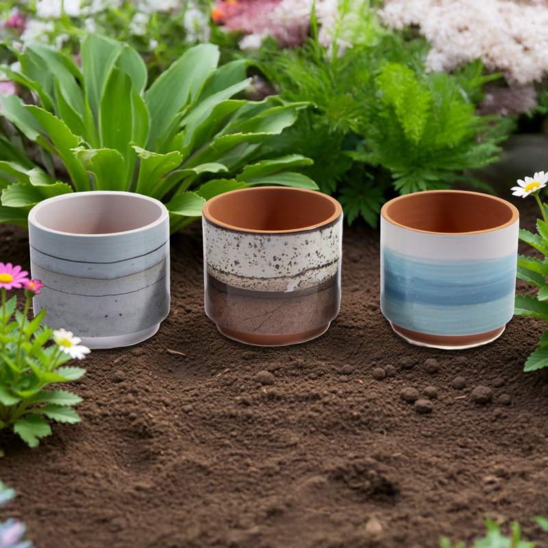 Ensemble de 3 jardinières rondes en terre cuite vernissée 6 pièces