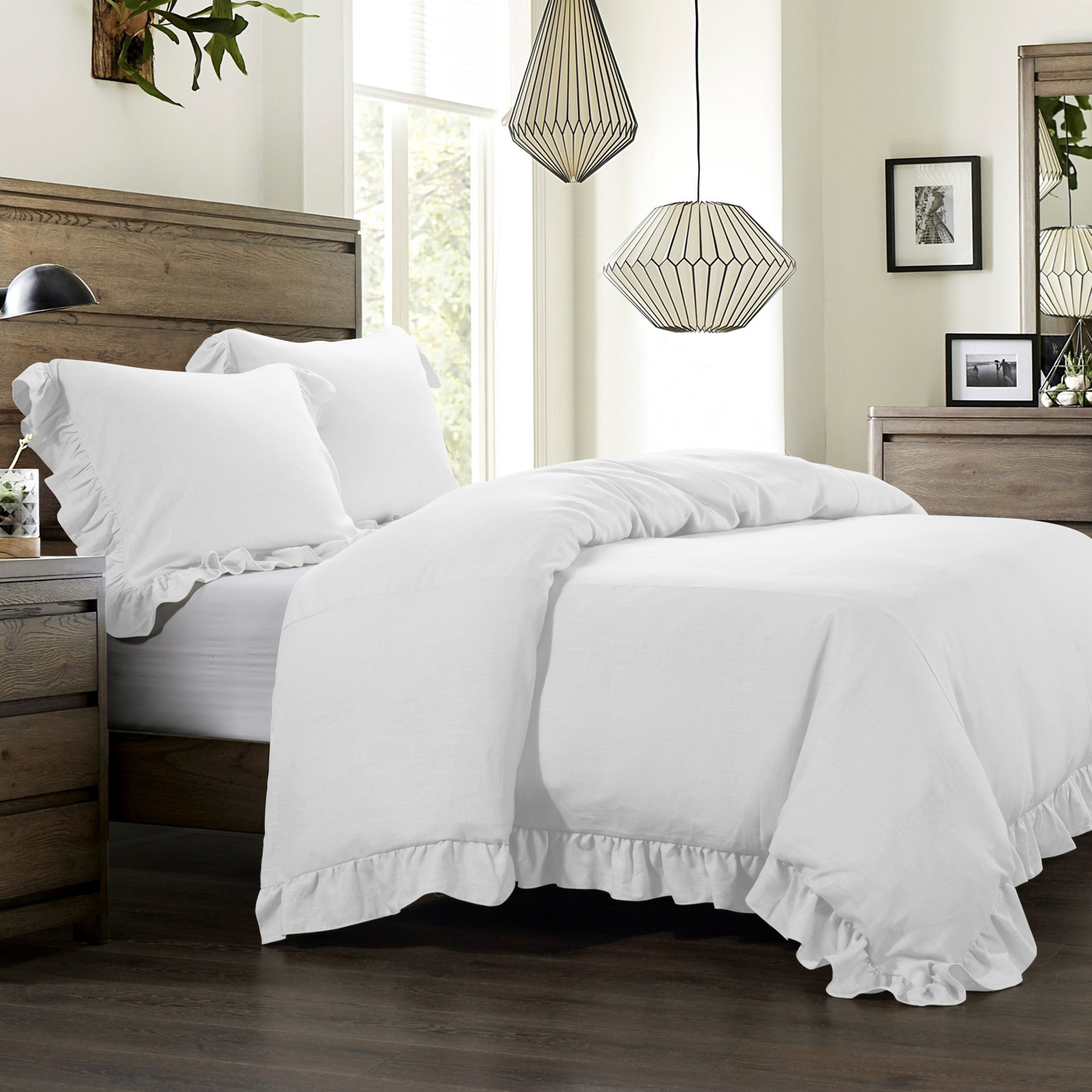 Lily Washed Linen Ruffled Edge Romantic Farmhouse 3 Piece Duvet Cover Set, White, King Duvet Cover + 2 King Sham