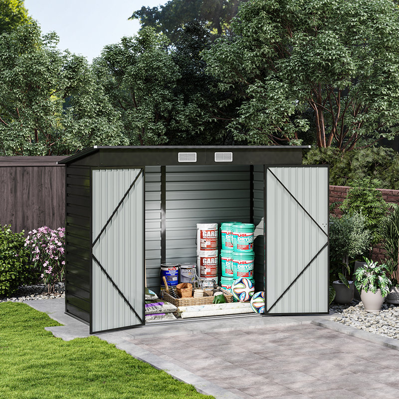 Outdoor Galvanized Steel Storage Shed with Dual Doors, Charcoal Black