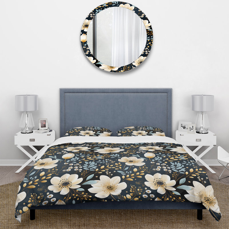 Watercolor Black And White Floral Pattern Polyester Floral Duvet Cover Set, Queen Duvet Cover + 2 Standard Shams