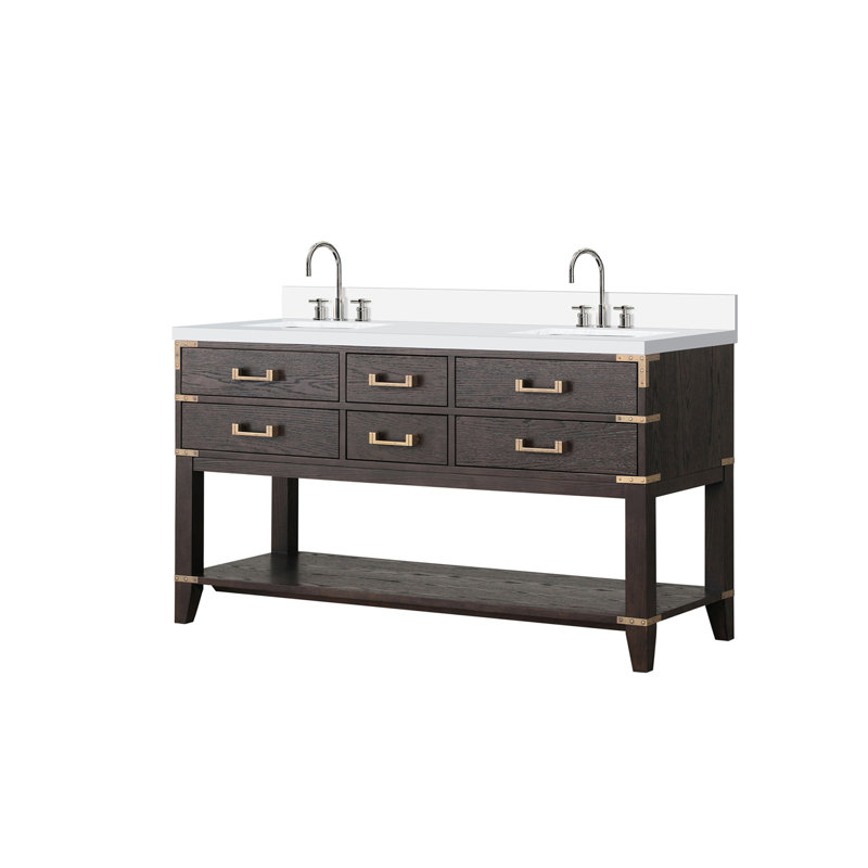 Ensemble de meuble-lavabo double en chêne l 60 po x P 22 po, plateau en quartz blanc et robinet, Chêne brun