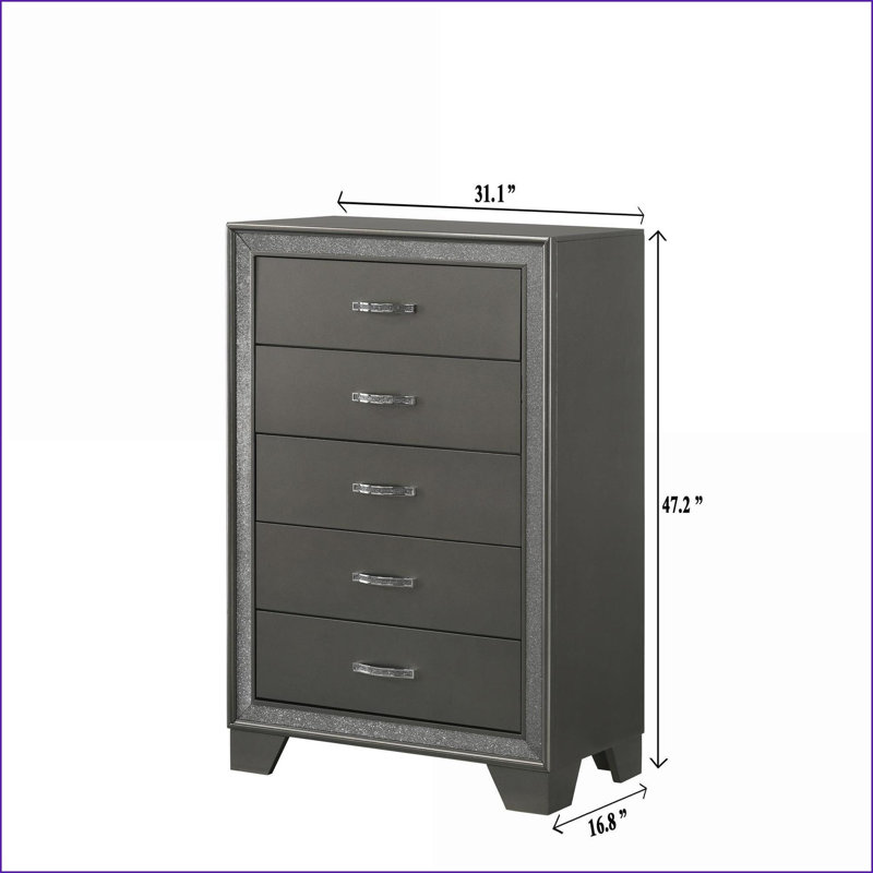 Commodes: Commode de chevet contemporaine à 5 tiroirs avec accents étincelants, gris foncé | Gris foncé | Bois