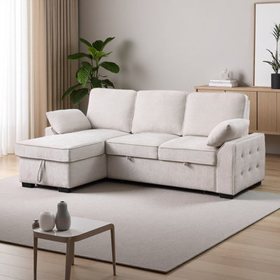 Canapé-lit modulaire réversible en tissu 91 po avec méridienne de rangement, table rabattable, porte-gobelets et ports de chargement