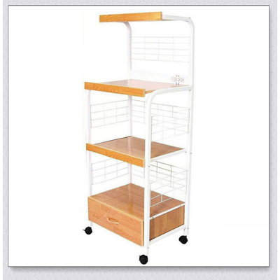 59.5 Inch Tall 3-Tier Microwave Kitchen Cart with Drawer and Outlet, Natural Wood Finish