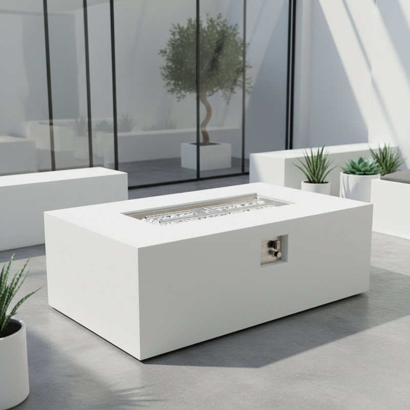 Abigale Concrete Propane/Natural Gas Fire Pit Table, White Stone, 15" H x 48" W x 30" D