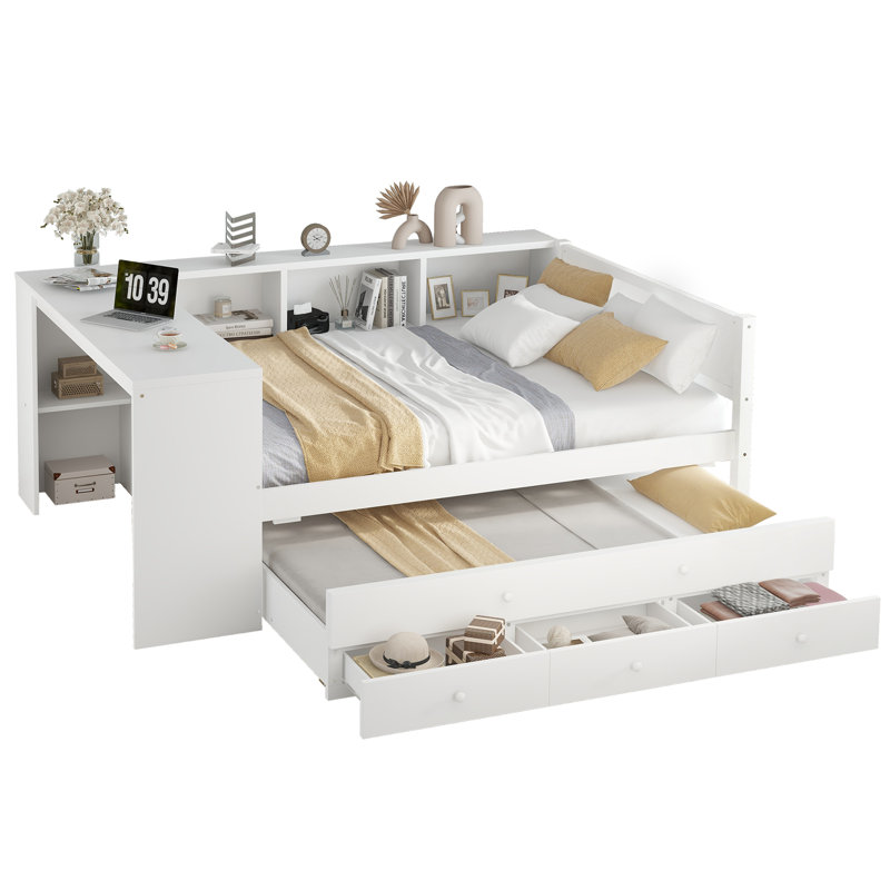 Full Size Daybed with Trundle, Wood Frame, Storage Drawers & Side Shelves, Desk Included, No Spring Box, White, Full/Double
