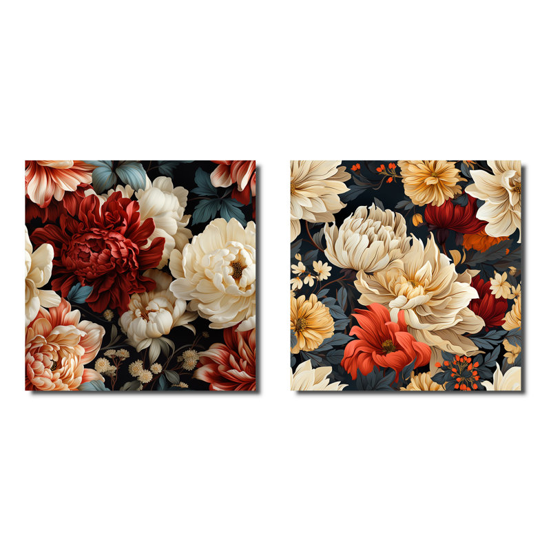 Pivoine blanche intemporelle Elegance Wonderland - ensemble de 2 collages carrés abstraits, Cadre flottant noir