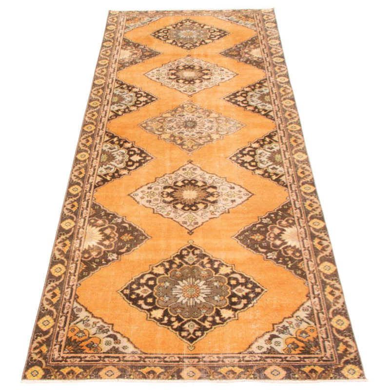 Tapis de couloir unique en laine noué à la main de style années 1990 de 4 pi 2 po x 12 pi 2 po Mootje
