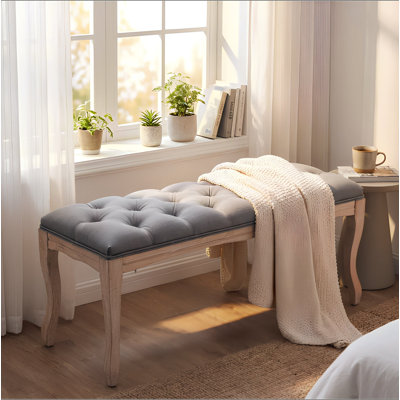 Banc de chambre à coucher, banc d'entrée touffeté de style français rétro, banc de bout tapissier 43,3 po avec pieds en bois patiné, siège repose-pieds en lin pour le salon, le vestibule, la salle à manger