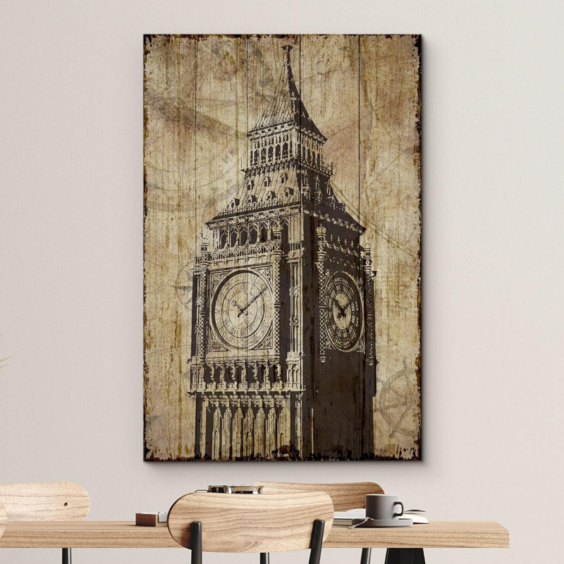 Panneau de bois antique Big Ben, Angleterre britannique sur toile, H 24 po x l 16 po x P 1,5 po