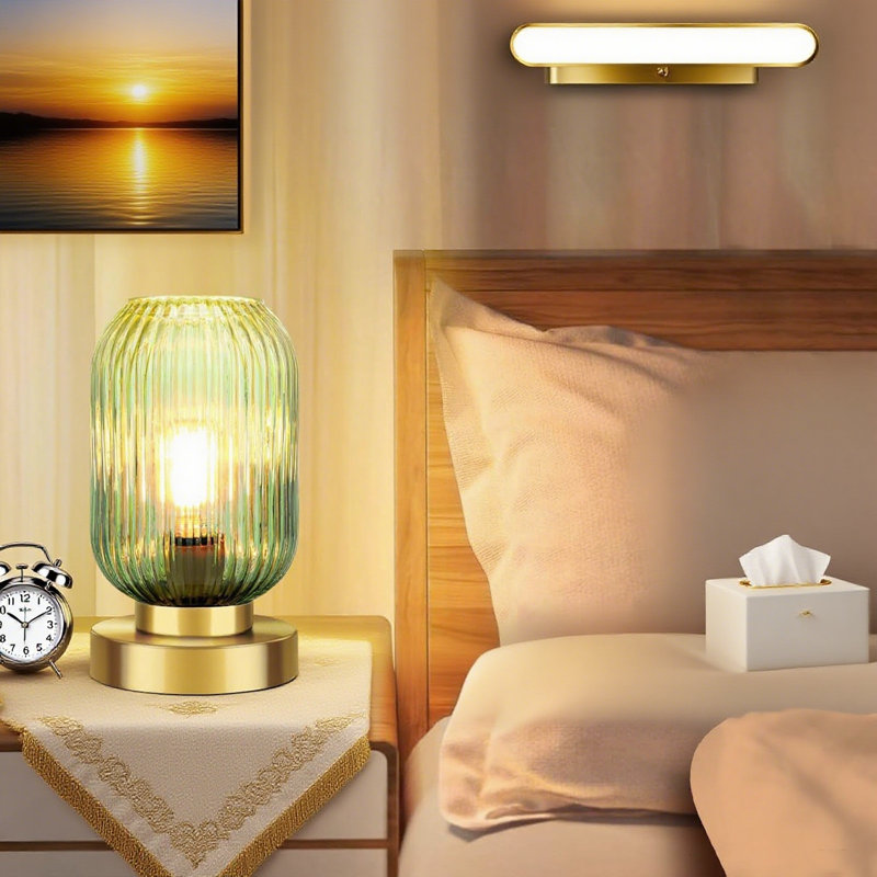Touch Control Table Lamp With Dimmable 3-Way Lighting, Mid Century Modern Design, Green Glass Shade And Gold Base For Bedroom Living Room Office