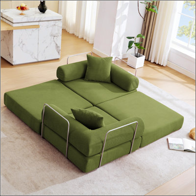 Modular Couch Sofa Bed For Small Apartments, Convertible Design With Fixed-Shape Frame And Removable Armrests, No Assembly Required, Corduroy Fabric, Green