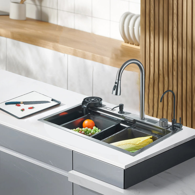 Ensemble de lavabo de cuisine à grande ouverture et robinet à affichage numérique intégré