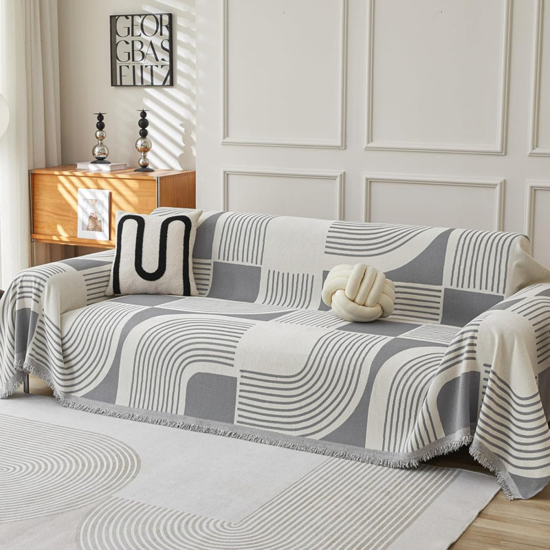 Box Cushion Sofa Slipcover, White/GreyGeometric