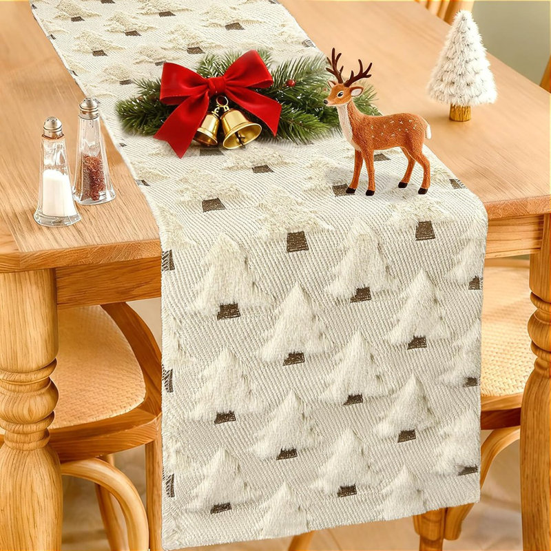 Chemin de table de Noël 13 x 72 pouces doux peluche fausse fourrure jacquard beige arbre de Noël décorations de Noël hiver vacances chemin de table de Noël pour la cuisine de la maison salle à manger décor