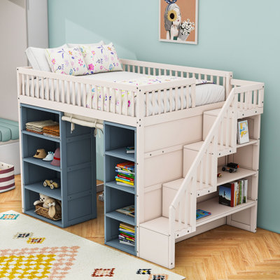 Full Loft Bed With Storage Shelves And Staircases