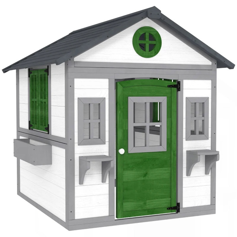 Maison d'extérieur pour enfants, maisonnette en bois, Gris foncé / vert / blanc