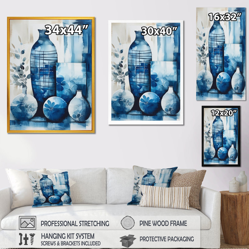 «Paier Blue and Cream Bohemian Vibes Pottery II», reproduction sur toile, H 40 po x l 30 po x P 1,5 po, Encadrement doré