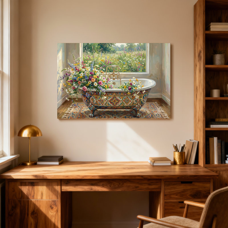 Scène de jardin avec plantes et fleurs, H 12 po x l 18 po
