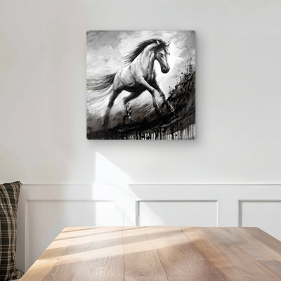White horse in the wind - Black Livingroom Metal Print Decor