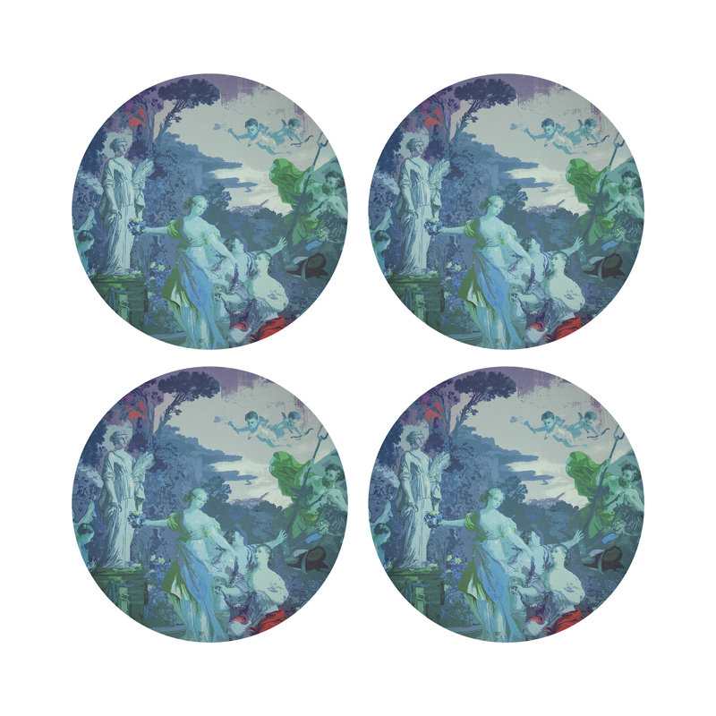 Cyprus Picnic Vegan Leather Round Coasters, Cyan